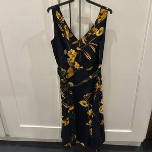 Ted Baker midi length dress in navy blue with yellow floral design